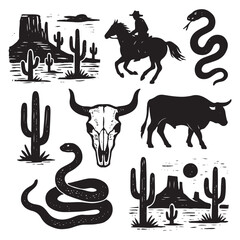 Linocut western boho set vector, Texas desert engraving print collection, vector canyon wildlife, cactus. 
Texture grunge Arizona rodeo graphics, bull, horse, snake, skull silhouette