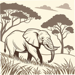 Fototapeta premium African Elephant in Savanna Landscape Outline