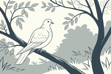 White Pigeon on Tree Branch Outline: Monochrome Nature Art