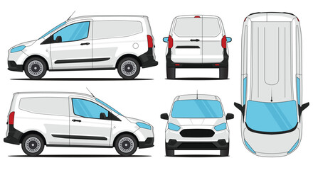 Car vector van transit courier - Van mockup car vector for branding on isolated white background. Side, Front, Rear, Top Views   © Deden Irfandi