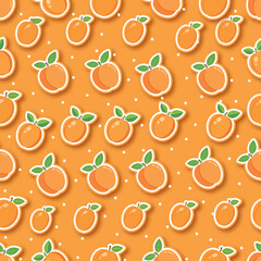 Seamless Vector Pattern of Cute Orange Fruit Stickers with Leaves on Vibrant Background