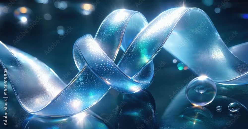Poster abstract blue ribbons twist, reflecting light. bubbles add depth, creating luminous, elegant composi
