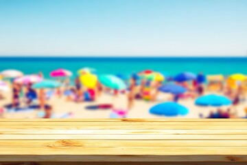 Beach scene, blurred people, wooden surface
