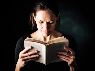 A woman with long hair is holding an open book in both hands. She concentrates on the words while surrounded by dark lighting, creating a serene atmosphere