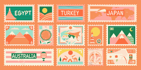 Collection of Illustrated Postage Stamps Featuring Landmarks and Landscapes from Countries Around the World on a Peach Background