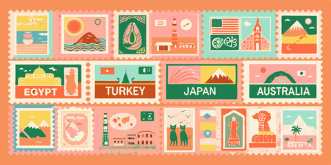 Collection of Illustrated Postage Stamps Featuring Landmarks and Symbols from Various Countries Around the World Travel Destinations and Souvenirs