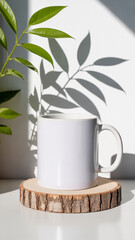 Minimalist product photo of white ceramic mug on wood log slice with dramatic leaf shadows on white background

