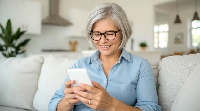 Relaxed mature old 60s woman, older middle aged female customer holding smartphone using mobile app, texting message, search ecommerce offers on cell phone technology device sitting on couch