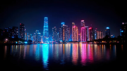 Fototapeta premium vibrant city skyline illuminated with colorful lights reflecting on water