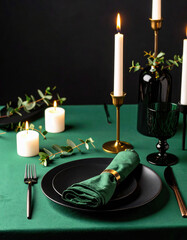 A luxury restaurant table setting with green linens
