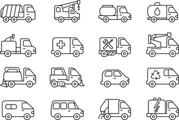 Public, Service and Municipal Transport Line Icons Set — Transportation, vehicle icon set. Vector glyph pictograms of travel, logistics, public transit concepts, car, train, bus, bicycle, boat