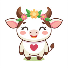 Cute Smiling Cartoon Cow with Flower Crown Vector