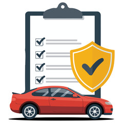 car insurance document with shield cartoon flat style isolated vector illustration