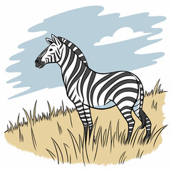 Cartoon Zebra in Savanna with Clouds: Wildlife Illustration