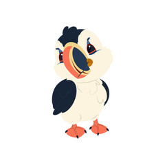 Colorful puffin bird illustration. Arctic seabird with bright beak and feet, ideal for children’s books, wildlife education, and marine-themed graphics.