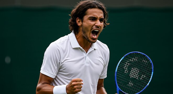 Tennis Player Celebrating a Victory with Racket and Victory Gesture