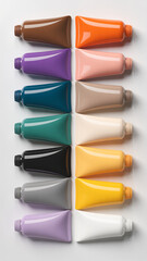 Twelve cosmetic tubes arranged diagonally in two columns on white background in a clean professional layout

