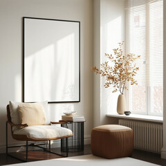 Modern minimalist living room interior with blank frame mockup