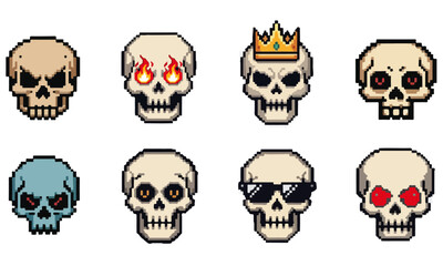 Diverse Pixel Art Skull Collection
A set of eight distinct pixel art skull illustrations, showcasing a range of expressions and accessories, including angry, flaming eyes, a crown, sunglasses