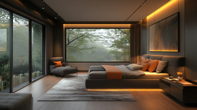 Modern bedroom interiors large window and warm led lighting