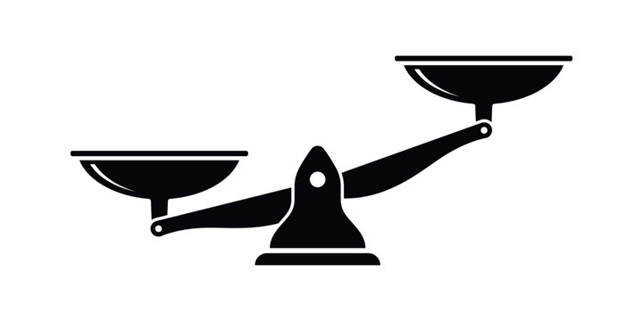 Black silhouette vector of a traditional balance scale with uneven weight. Symbol of justice, print, fairness, and comparison. Suitable for legal, business, or educational concepts and infographics.