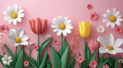 Fototapeta premium Paper cut flowers daisies and tulips on blue background