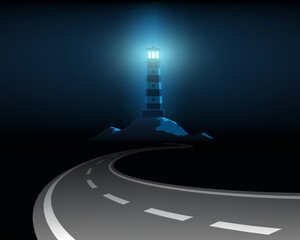 Winding road leads to the light of the lighthouse. Vector illustration