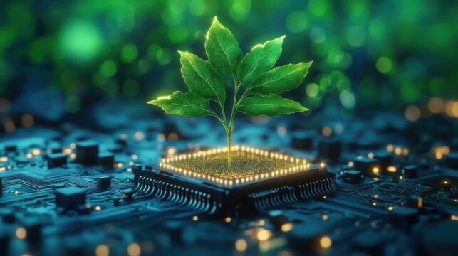 tree with foliage growing from a circuit board  concept of technology