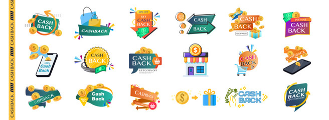 Cashback Icon Set. Return Money, Cash Back Rebate, Financial Services, Refund, Savings, Currency Exchange, Mobile Payment. Vector Illustration on Transparent Background