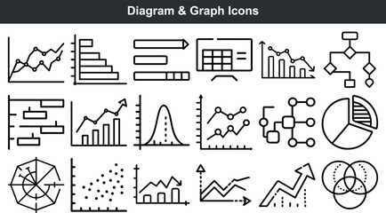 Black Line Graph Chart Diagram Icons Set
