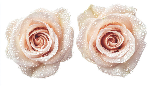 Two pale pink roses with dew drops on them, isolated on a white background.
