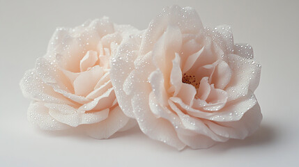 Fototapeta premium Two pale pink roses with dew drops on them, isolated on a white background.
