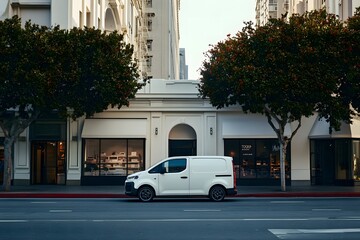 A side view of a sleek electric delivery van navigating through an empty city street, with its modern design and minimalistic lines standing out against the clean urban backdrop. 