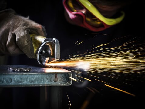 A skilled artisan focuses on metalwork, utilizing a blowtorch to heat the surface. Sparks fly as the torch melts the metal, creating intricate designs in the dimly lit workshop - Powered by Adobe