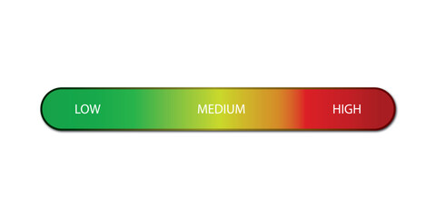 Risk meter from low to high level. isolated on white and black background. vector illustration. 
  Scale meter with low, high and medium bar. Level risk graph or control quality. eps10