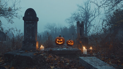 Spooky Halloween pumpkins glow in misty graveyard, creating eerie atmosphere