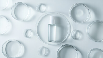 White background, glass petri dishes and circular plates with a skin care essence bottle in the middle