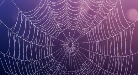 Close-up Spider Web with Morning Dew Drops – Abstract Background in Purple and Blue Tones