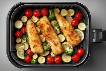 Air Fryer with Fish Fillets and Fresh Vegetables for a Healthy Meal