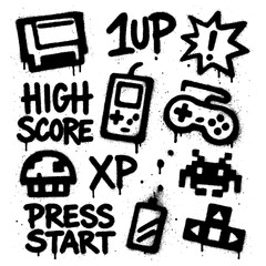 Retro Arcade Game Icons – Spray Paint Style Symbols with Transparent PNG Background © FriskySloths