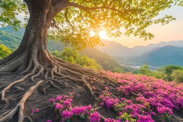 A large green tree, with its roots extending deep into the earth, surrounded by gentle sunlight and vibrant flowers with copy space. 