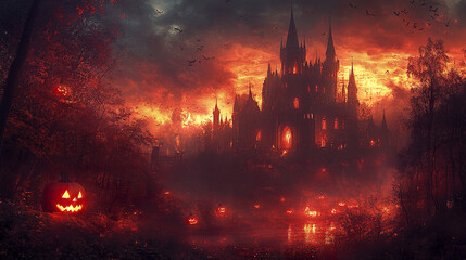 Fototapeta premium spooky castle surrounded by glowing pumpkins and dark, eerie atmosphere evokes Halloween vibes
