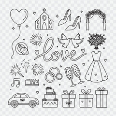 Hand Drawn Marriage Icons Set. Wedding elements collection. Wedding, bride, love, celebration. Timeline menu on wedding theme. Vector wedding illustrations