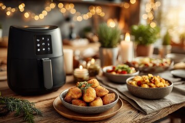 Cozy Kitchen Scene with Air Fryer and Delicious Dishes for a Friendly Lifestyle Gathering
