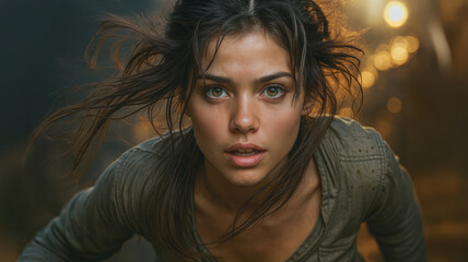 A close-up portrait captures a young woman with windblown hair, her intense green eyes meeting the viewer's gaze. A frightened woman running from unseen danger.