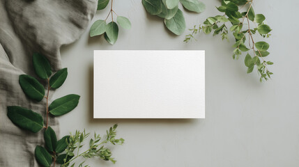  white card mockup with blank space for text, flat lay, soft gray background, with some green leaves and cloth in the background, minimalist style