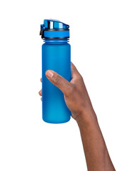 Man holding a plastic reusable bottle of water isolated on white background