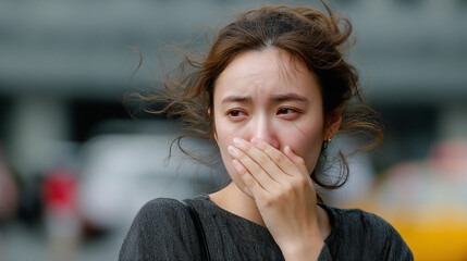 Bad smell concept. Woman covering her nose.