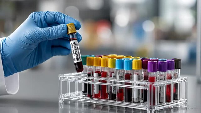 Blood Sample Collection Sterile Hand With Blue Glove Holding Clear Tube Of Blood, Yellow Cap, Barcode, In Laboratory Setting With Multiple Samples
