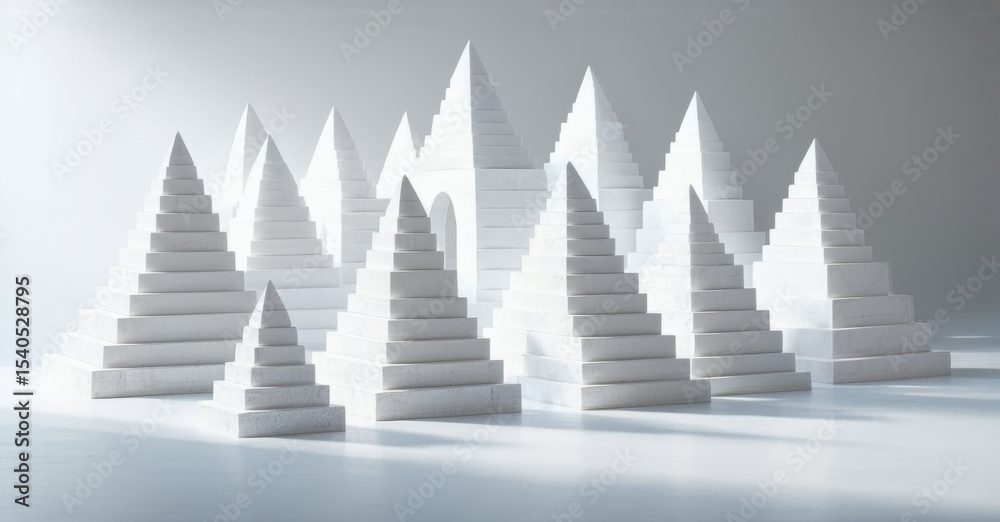 Poster minimalist pyramids create abstract landscape. soft light, clean lines, geometric shapes dominate co